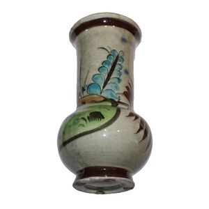 vintage hand painted 9" Tonala pottery vase birds flowers Mexico Artist Signed